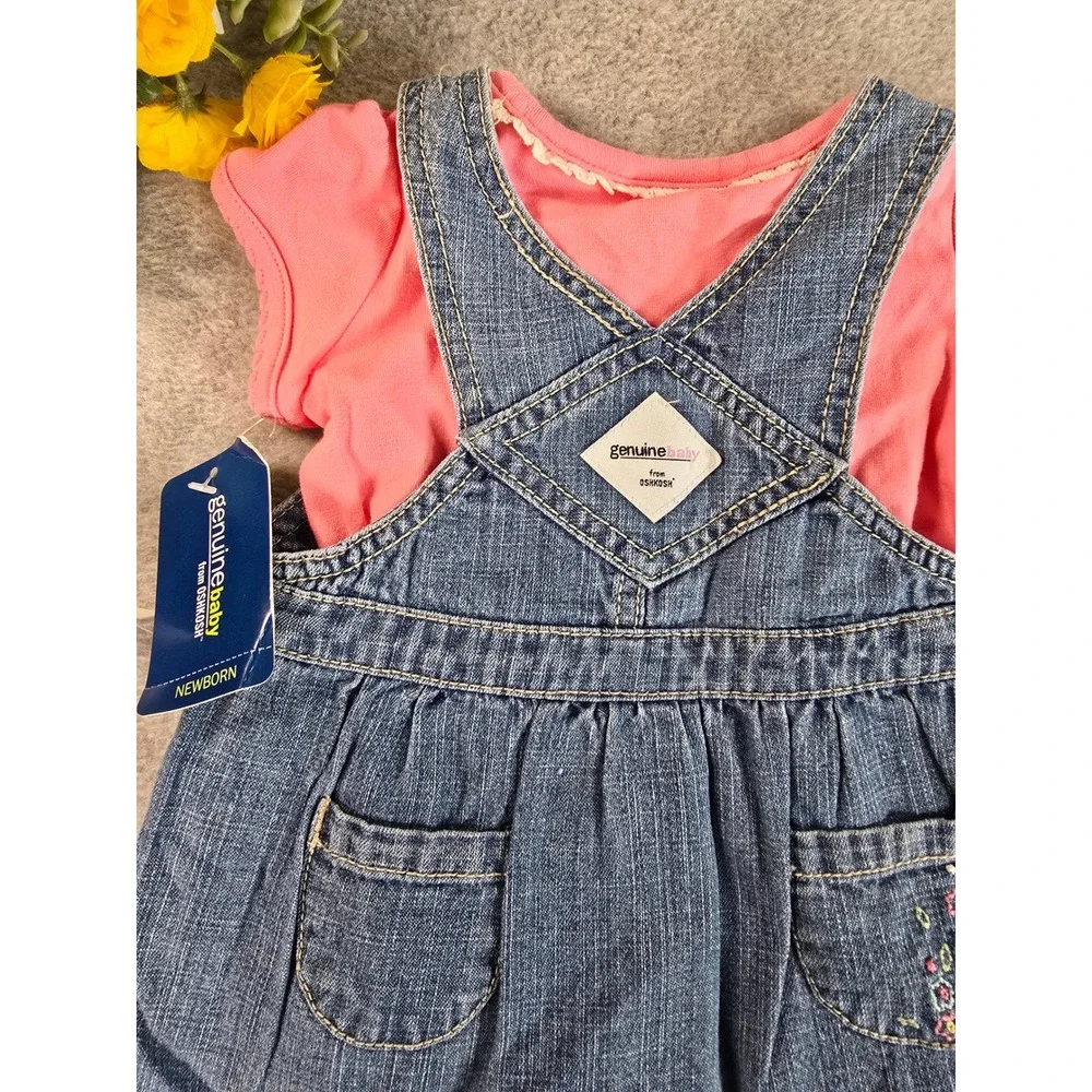 Genuine Baby OshKosh 6m Denim Jumper Dress Pink Bodysuit Floral Y2K Deadstock